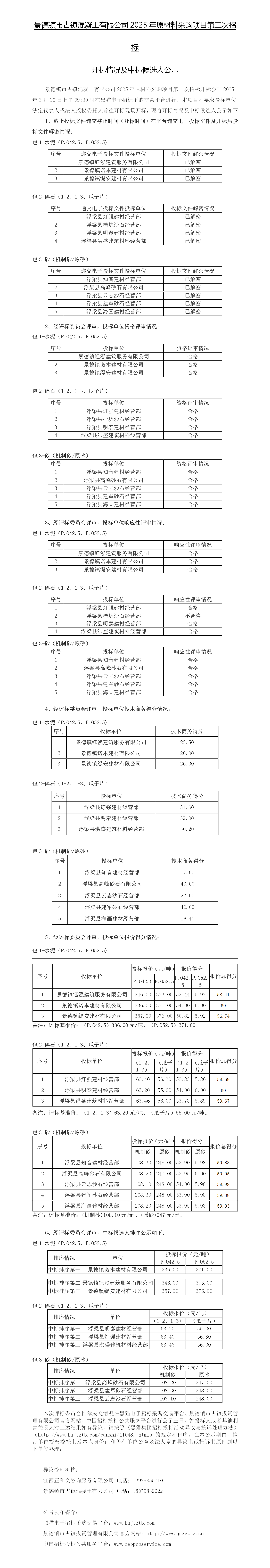 景德鎮(zhèn)市古鎮(zhèn)混凝土有限公司2025年原材料采購項目第二次招標開標情況及中標候選人公示